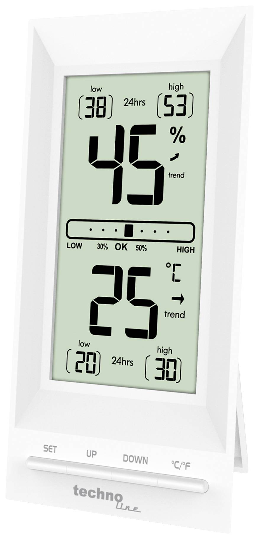 Digitální vlhkoměr a teploměr s velkým displejem, zobrazuje 45% vlhkosti a 25°C teploty.