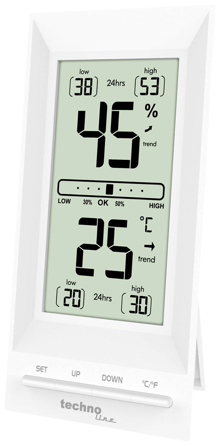 Digitální teploměr a vlhkoměr ukazuje 45% vlhkosti vzduchu a 25°C teploty. Jsou zde uvedeny také nejvyšší a nejnižší hodnoty za posledních 24 hodin.