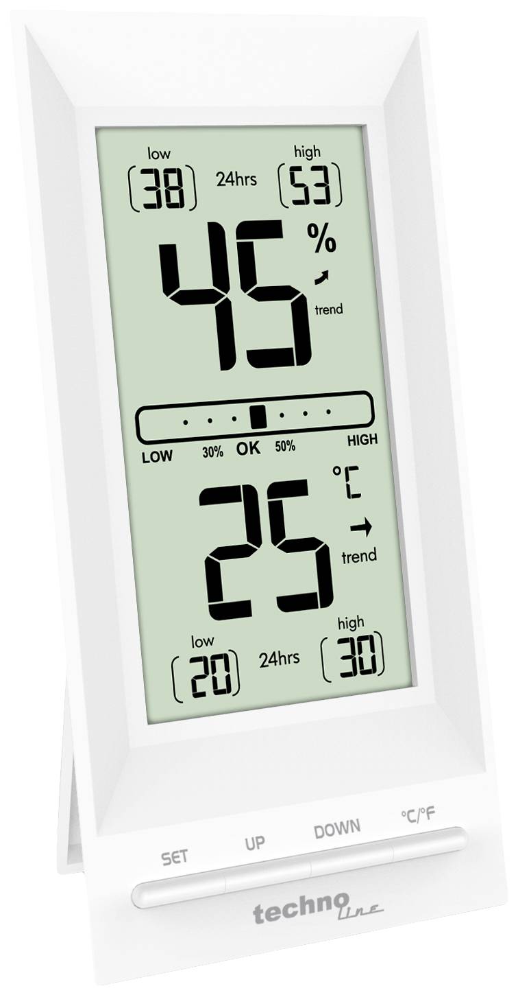 Digitální teploměr s hygrometrem ukazuje 45% vlhkosti a 25°C teploty. Jsou zde rovněž zobrazeny nízké a vysoké hodnoty za posledních 24 hodin.