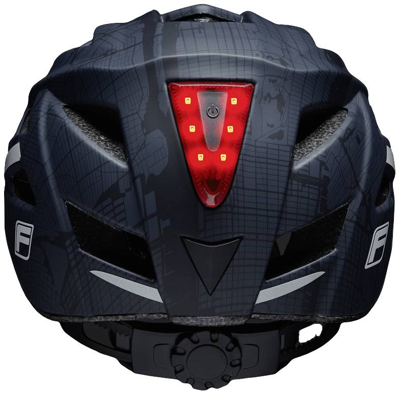 Černá cyklistická helma s integrovanými červenými LED světly na zadní straně pro lepší viditelnost a bezpečnost v silničním provozu.