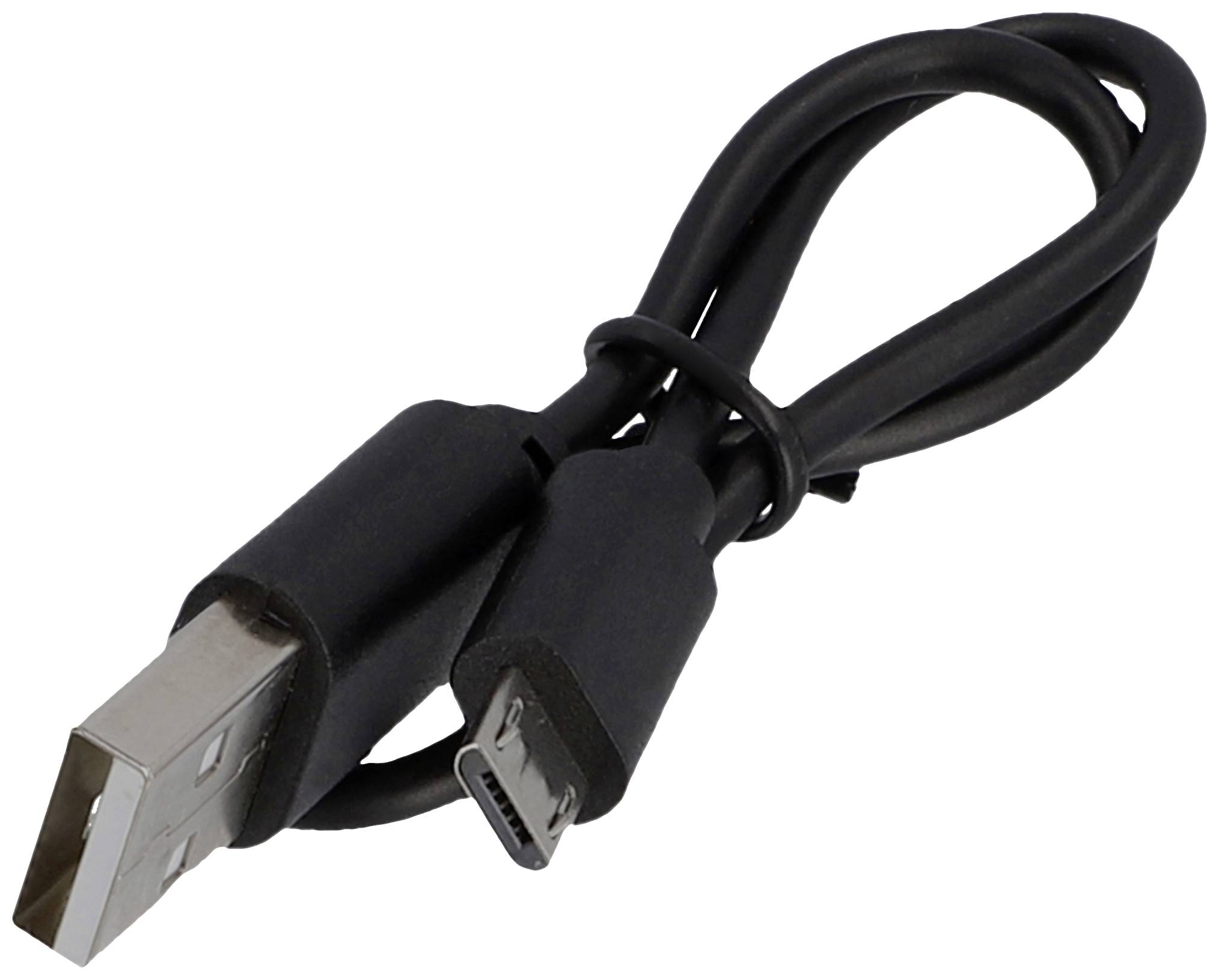 Černý USB nabíjecí kabel se standardním USB a micro USB konektorem.