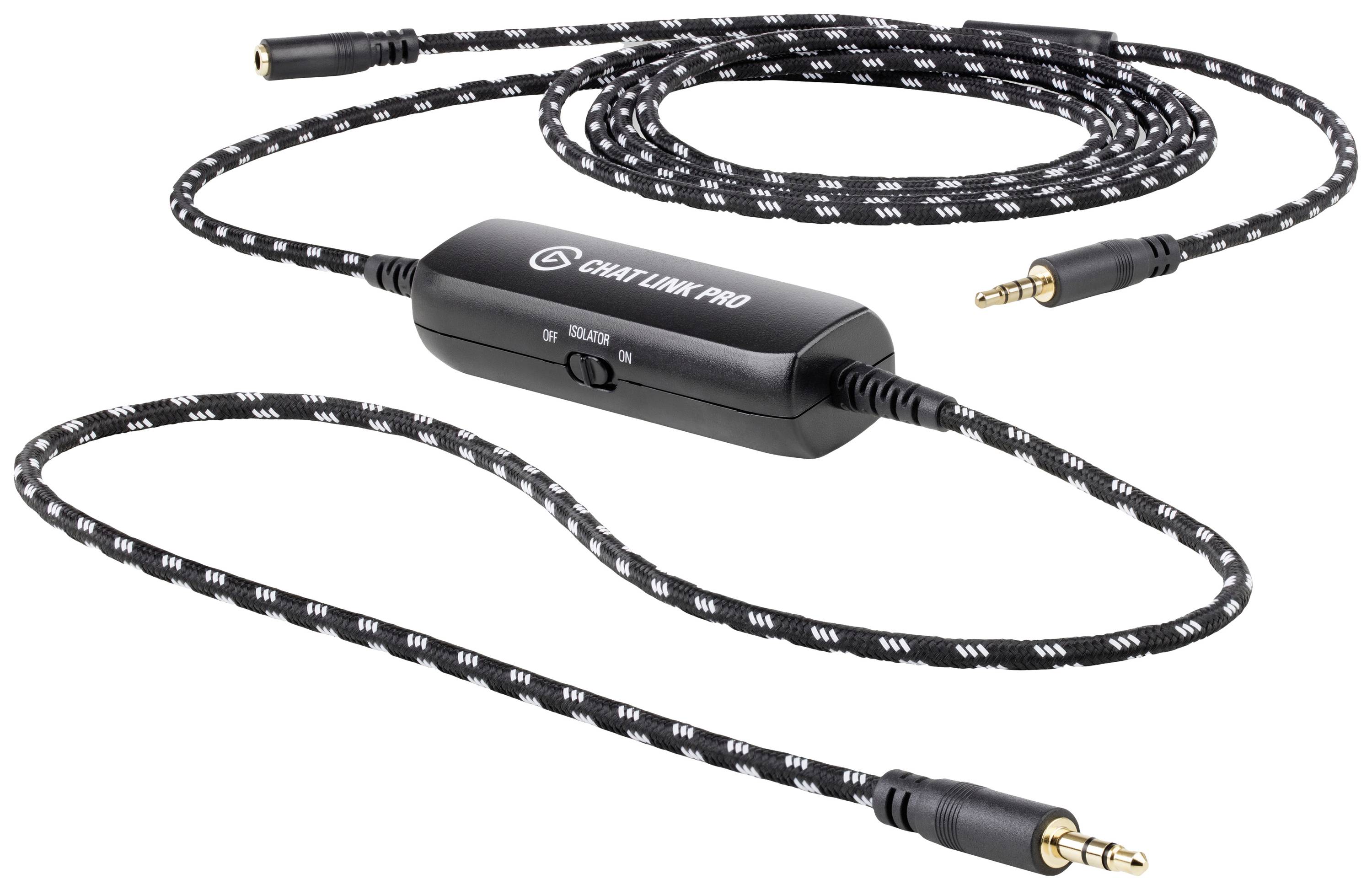 Audio kabel s adaptérem a jack konektory. Černé pouzdro s nápisem 'Chat Link Pro'. Nastavitelný přepínač uprostřed.