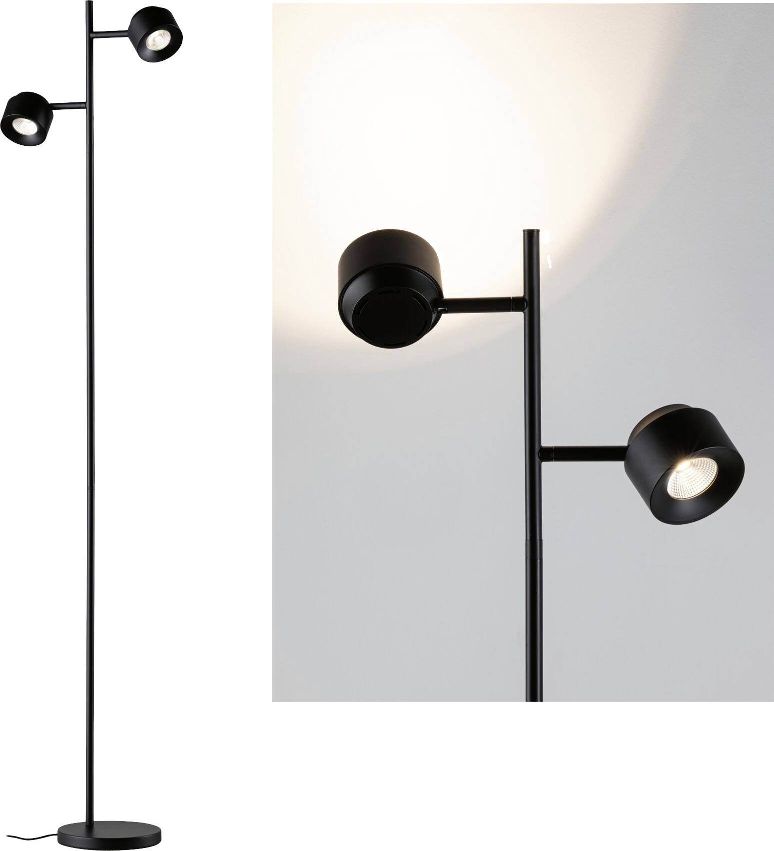 Stojací lampa s černým, štíhlým designem a dvěma nastavitelnými světly. Světla vrhají světlo na stěnu a podlahu.