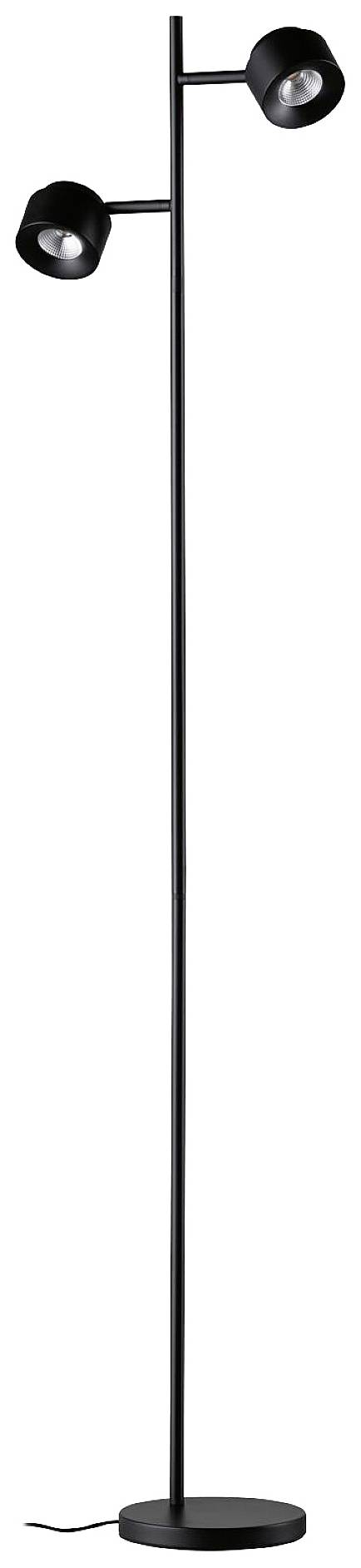 Stojací lampa s černým kovovým rámem a dvěma nastavitelnými světly, ideální pro moderní bytový design.
