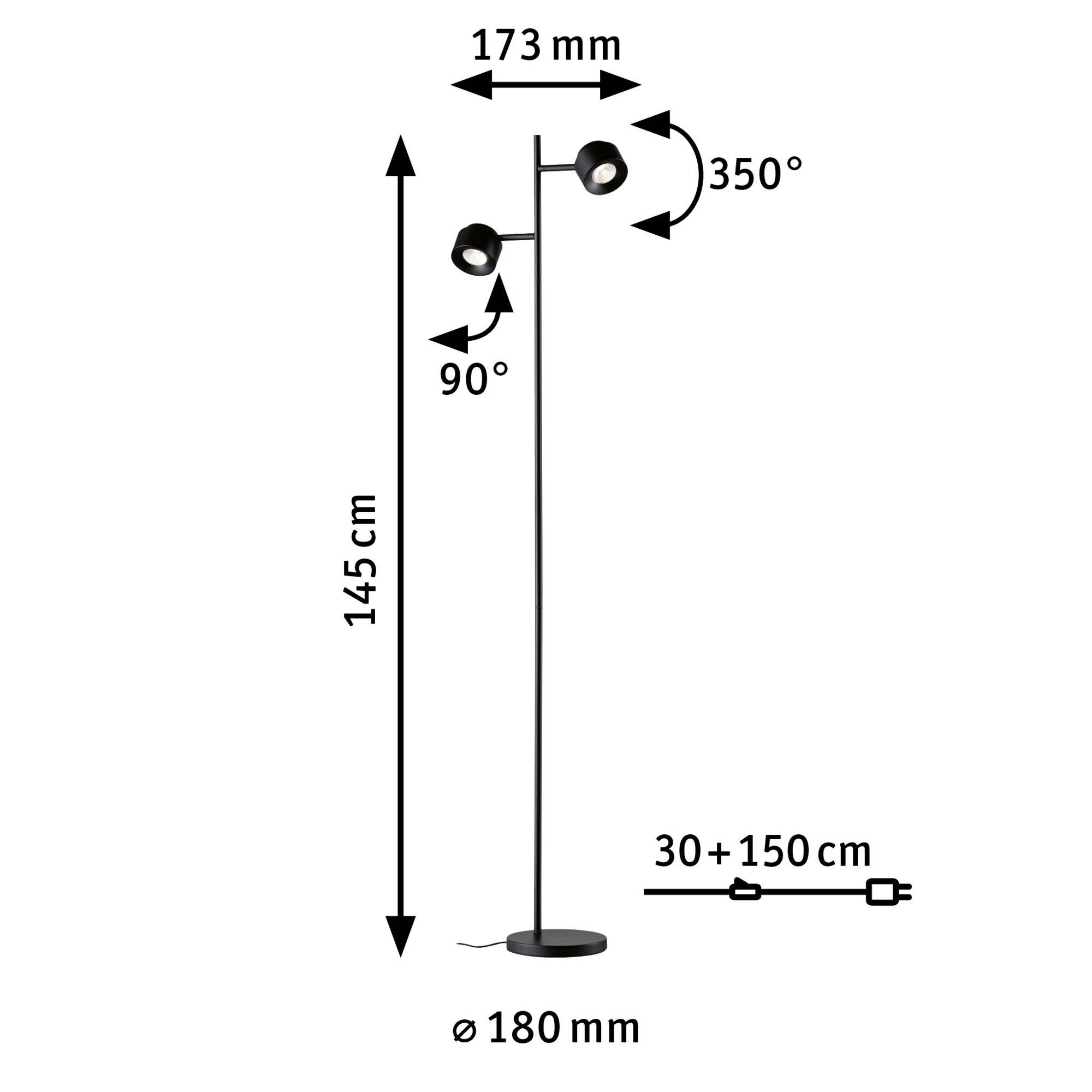 Stojací lampa se dvěma nastavitelnými světly, celková výška 145 cm. Světla otočná o 350° a naklápěcí o 90°, průměr základny 180 mm.