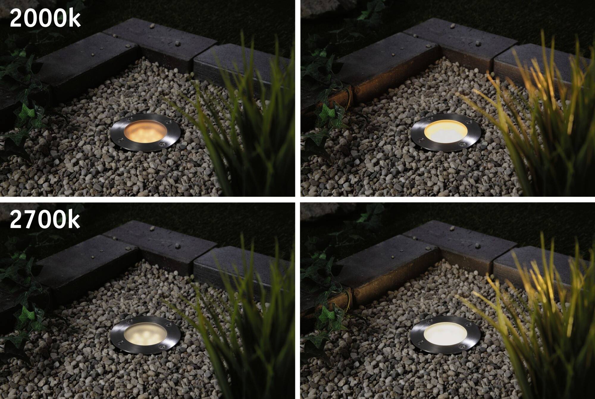 Čtyři obrázky ukazují rozdíl mezi 2000K a 2700K při osvětlení zahrady. Nahoře: 2000K, dole: 2700K, v nočním prostředí.
