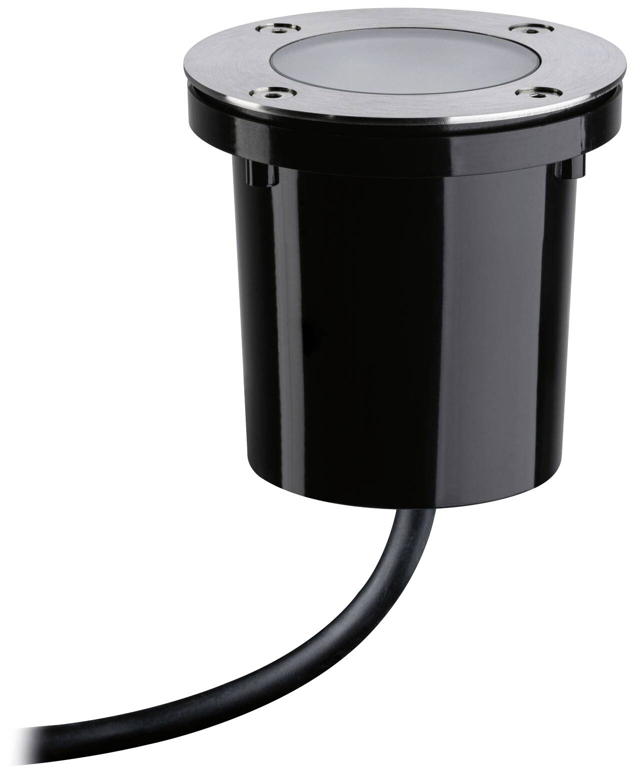 Černý podhledový světlomet s kulatým rámečkem z nerezové oceli a kabelem, vhodný pro venkovní osvětlení.