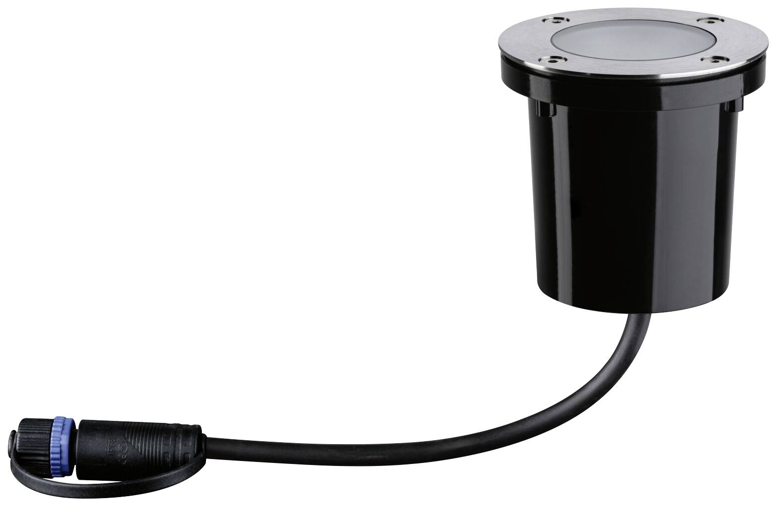 Tmavý zapuštěný světlomet s kulatým nerezovým lemováním a připojeným kabelem, vhodný pro venkovní osvětlení.