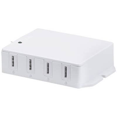 Bílé elektronické zařízení se čtyřmi USB porty na přední straně a malou zelenou kontrolkou na horní straně.