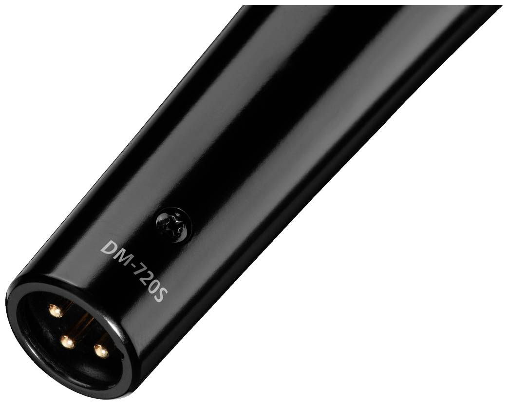 Černý mikrofon s označením 'DM-720S' na boku. Je viditelný konektor XLR třídy 3.