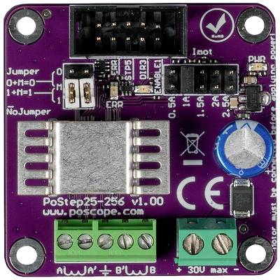 Fialový elektronický obvod s několika vstupy a komponenty, včetně otočného ovladače a připojovacích svorek, označený štítkem „PoStep25-256 v1.00".