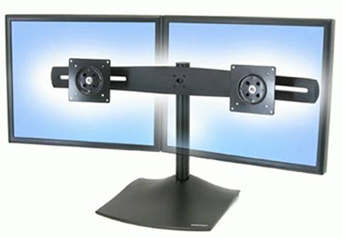 Dva modré rámy monitorů namontované na černém stojanu s dvojitým ramenem; zobrazeno rameno bez monitorů.
