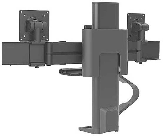 Tmavě šedý nastavitelný nástěnný držák monitoru z kovu s dvouramenným kloubovým mechanismem pro upevnění obrazovek.