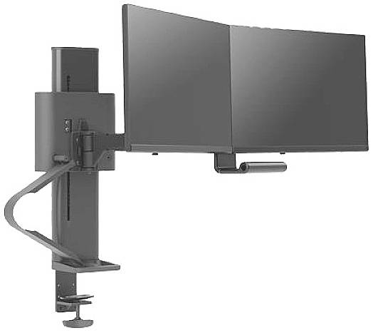Ergonomické rameno pro dva monitory v černé barvě, určené k upevnění na stůl. Vhodné pro flexibilní umístění obrazovek.
