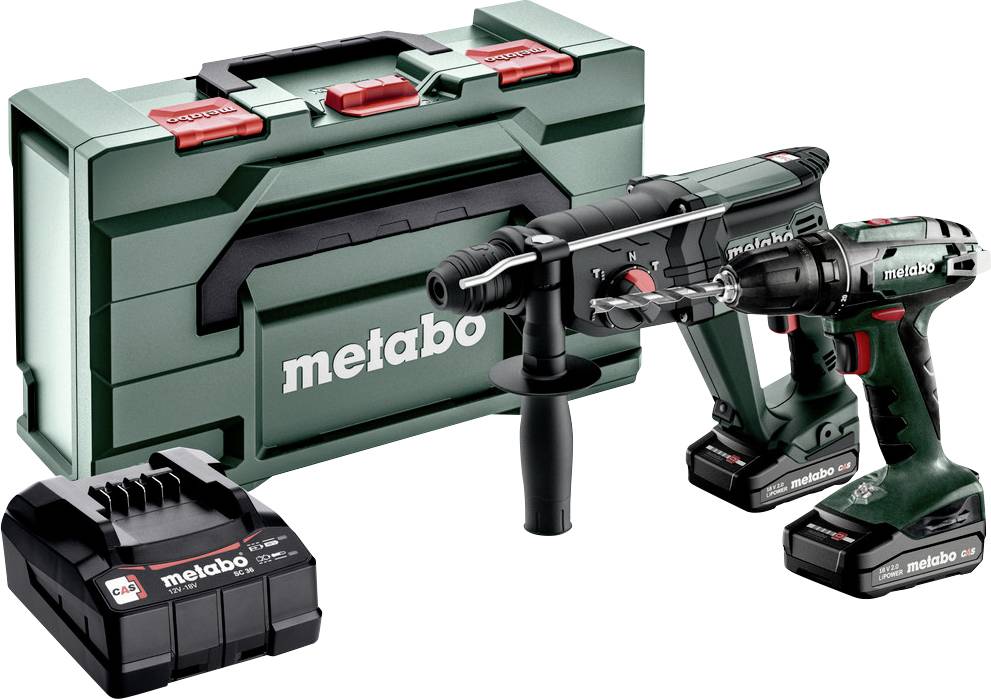 Sada bezdrátového vrtacího kladiva Metabo s baterií, nabíječkou, bočním madlem a přepravním kufrem na bílém pozadí.