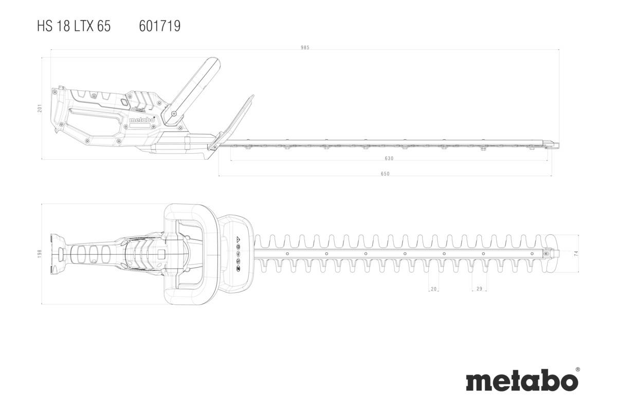 Nákres plotostřihu značky Metabo, model HS 18 LTX 65 (601719), s rozměry čepele a detaily rukojeti.