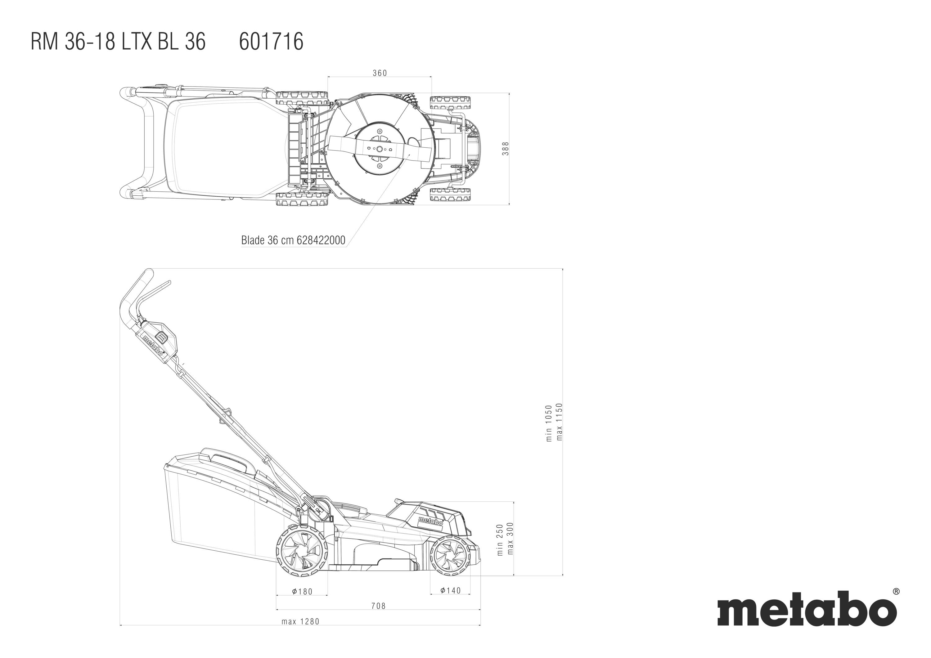 Technický výkres sekačky Metabo, model RM 36-18 LTX BL 36. Detailní rozměry a pohled shora a z boku.