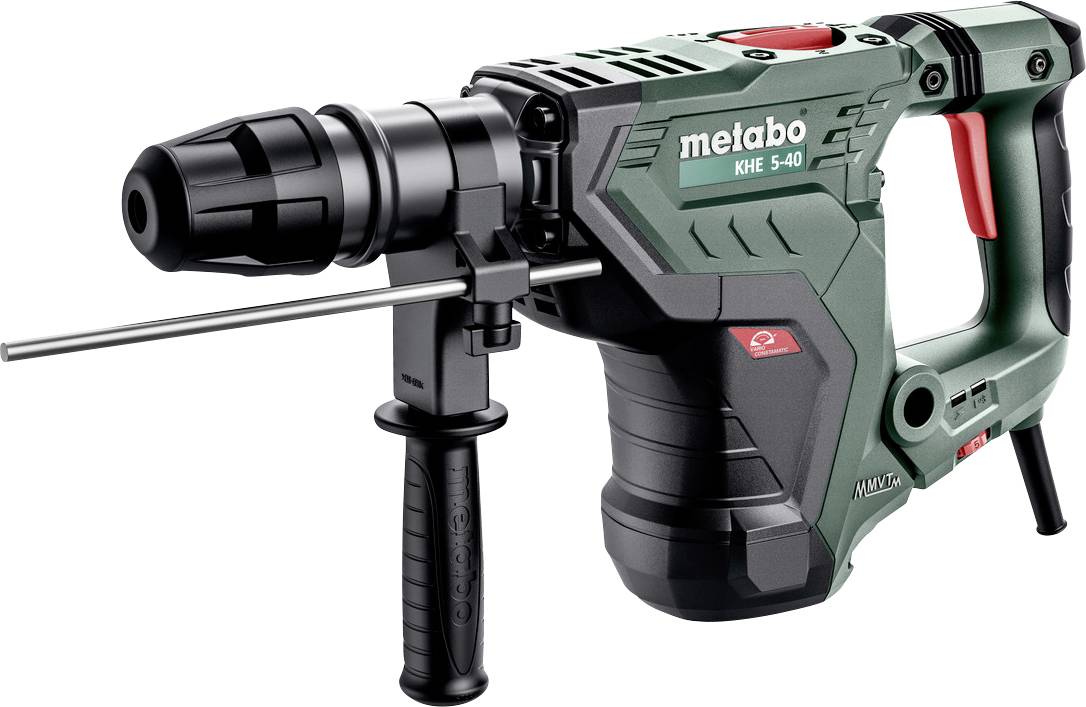 Zelený vrtací kladivo Metabo KHE 5-40 s pomocným držadlem a bočním nástavcem na bílém pozadí.