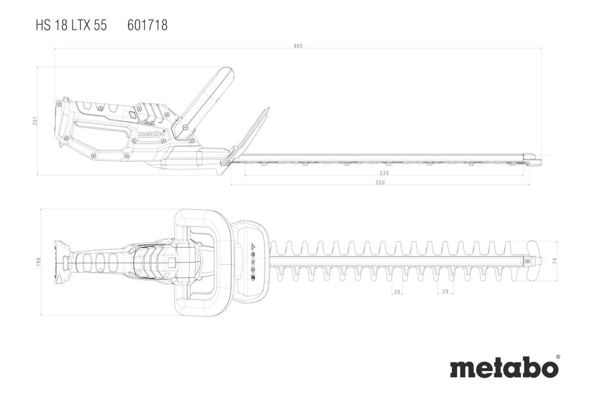 Nákres akumulátorových plotových nůžek Metabo HS 18 LTX 55, boční a horní pohled, zobrazující rozměry a konstrukční detaily.