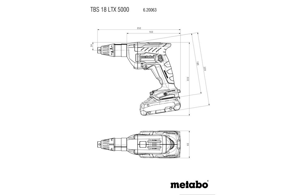 Technický výkres šroubováku Metabo TBS 18 LTX 5000 s rozměry. Boční pohled a pohled shora, značka dole vpravo.