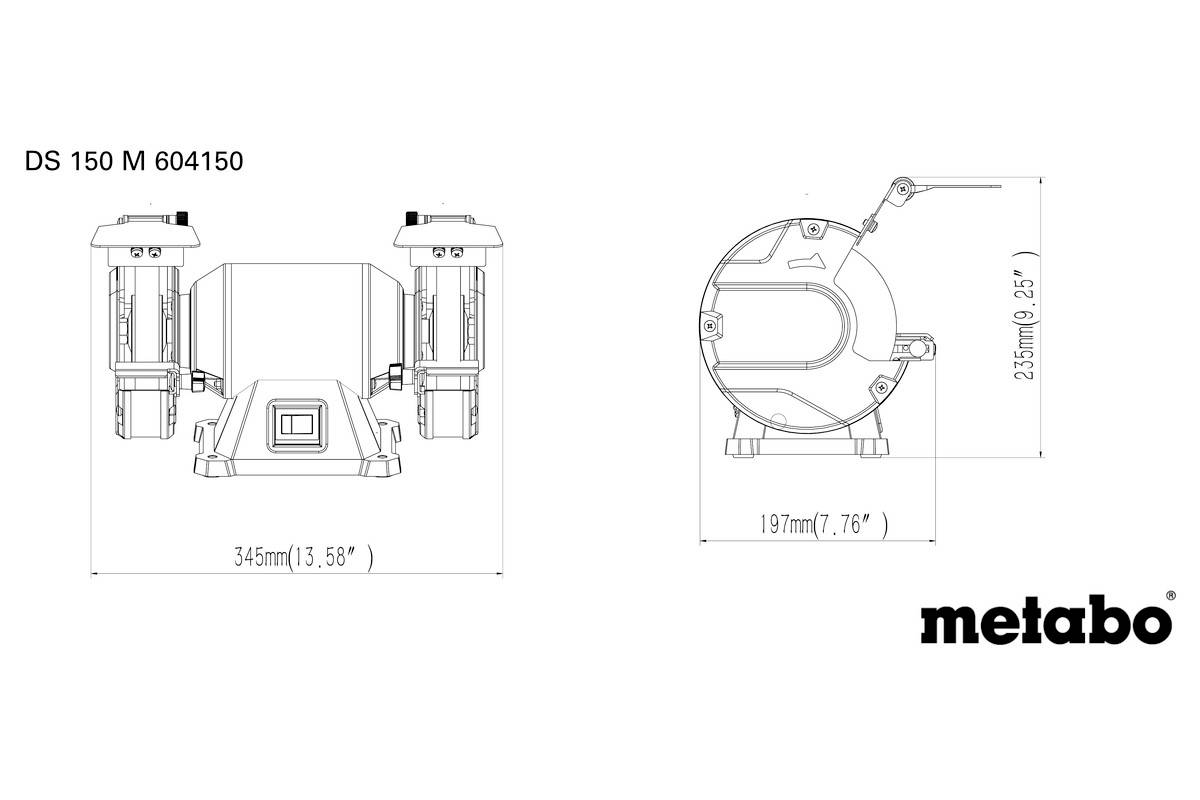 Technický výkres 'Metabo DS 150 M 604150'. Rozměry: 345 mm šířka, 235 mm výška, 197 mm hloubka. Bruska se dvěma brusnými kotouči.