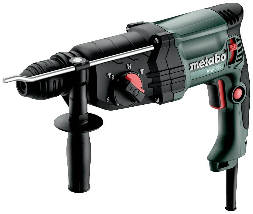 Zelené bourací kladivo s černou rukojetí a červeným spínačem. Název značky na boku. Vhodné pro stavební nebo DIY práce.