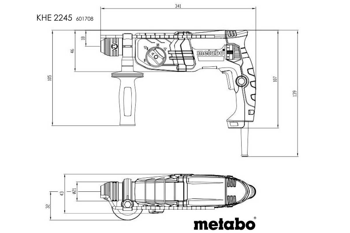 Výkres kladiva Metabo KHE 2245 s bočním pohledem a rozměry.