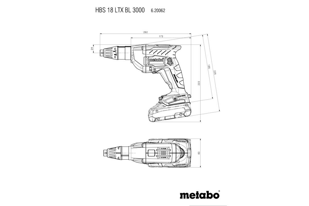 Technický nákres akumulátorového šroubováku HBS 18 LTX BL 3000 od firmy Metabo s rozměry v milimetrech. Zobrazeny boční a pohled shora.