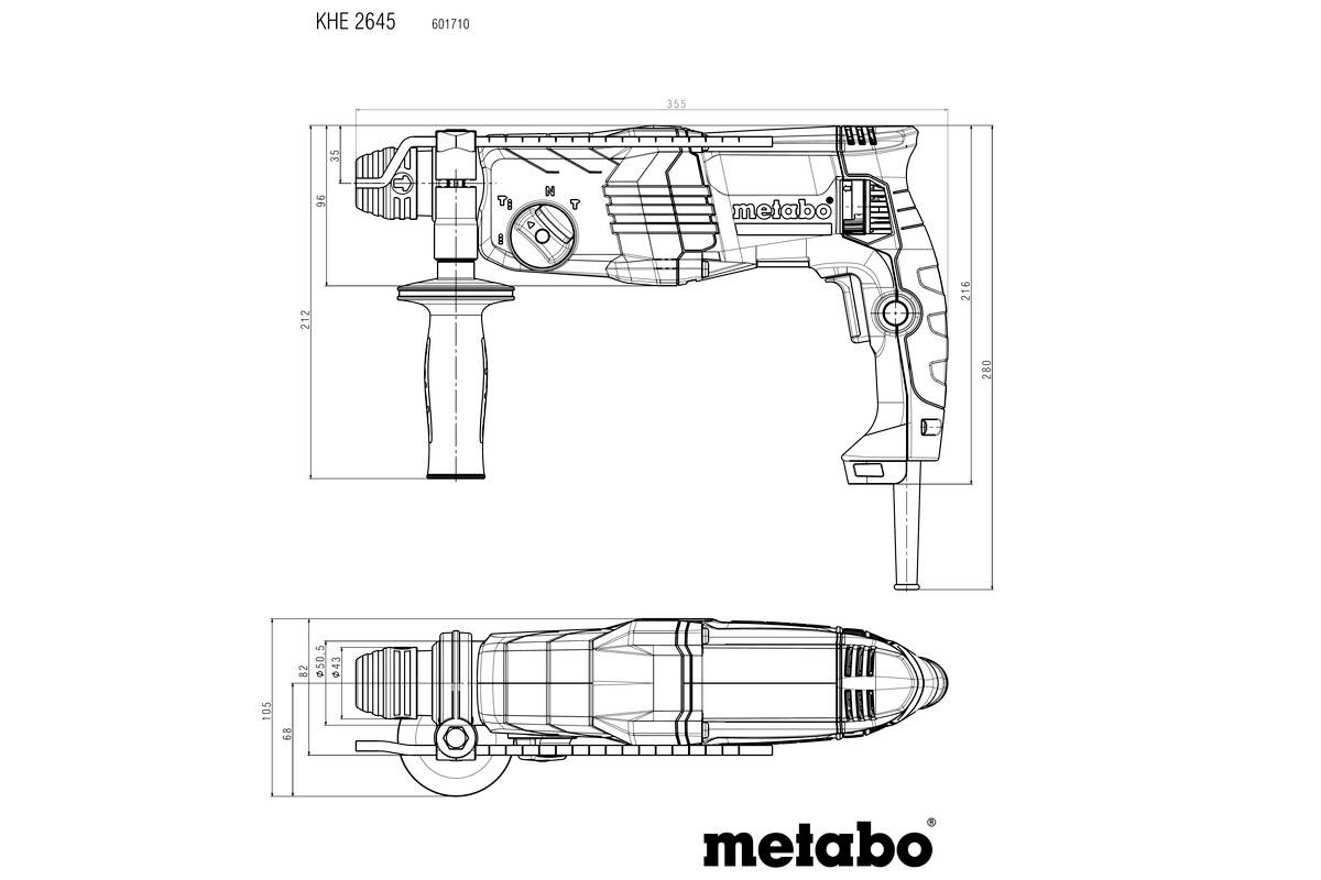 Technický výkres elektrického nářadí Metabo, model KHE 2645, s pohledem z boku a shora. Rozměry a detaily jsou zobrazeny.