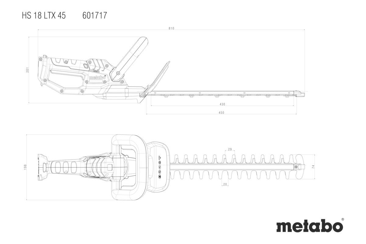 Nákres plotostřihu Metabo HS 18 LTX 45. Boční a horní pohled znázorňují rozměry a tvar čepele. Číslo produktu 601717.