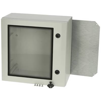 Kovový box se skleněnými dveřmi, černým zámkem a připevněnou kovovou deskou. Obsahuje čtyři upevňovací šrouby. Vhodný pro technická zařízení.