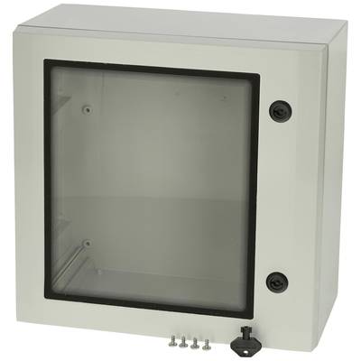 Kovový box s průhledným plastovým okénkem, uzamčený. Uvnitř obsahuje šrouby a klíč v dolní části. Vhodný pro elektrická zařízení.