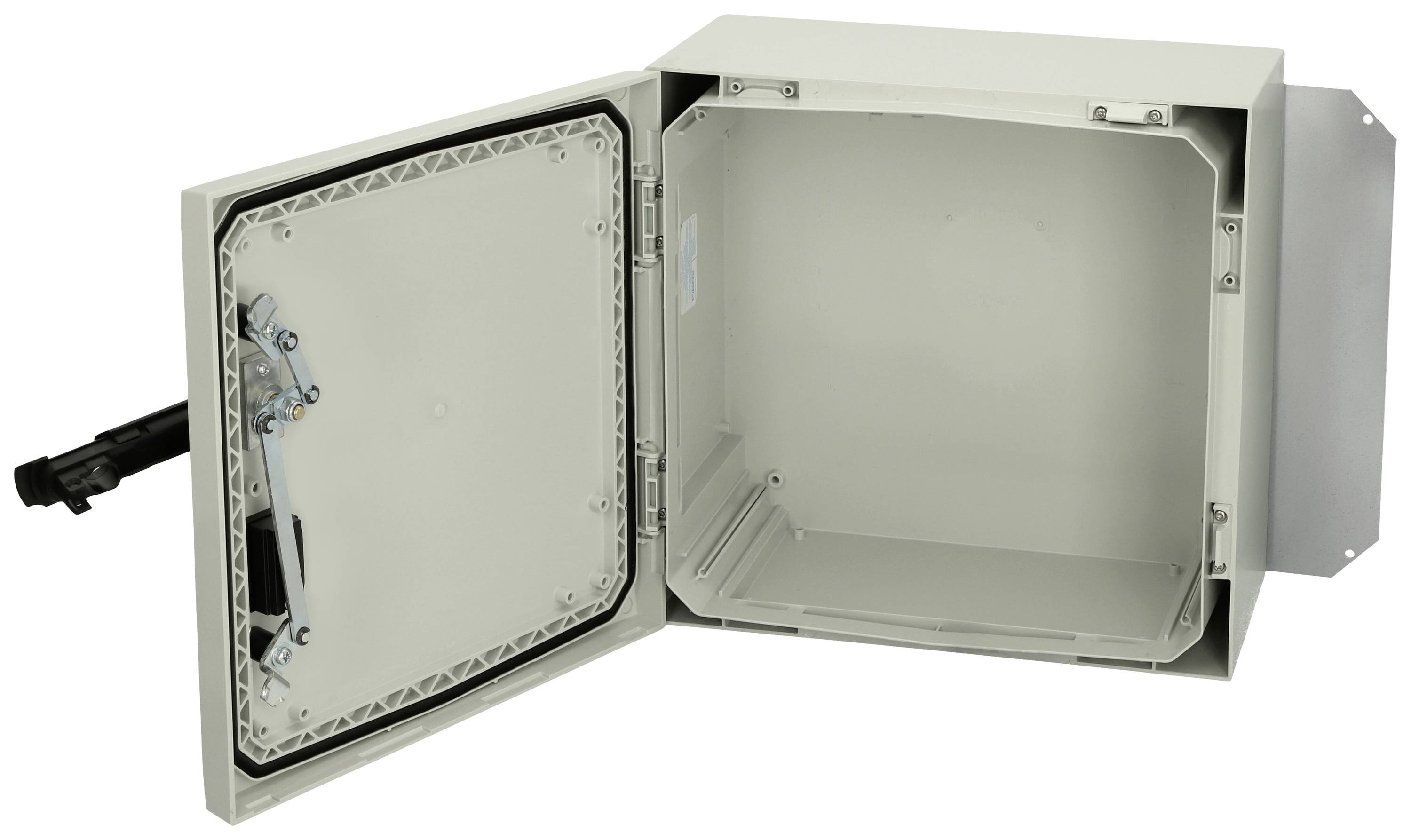 Otevřená šedá skříň s kabelem a mechanismem kloubového spoje, vhodná pro elektroinstalace.