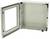 Šedý, otevřený kovový box s otočnými dveřmi a pantem. Vnitřní plocha je prázdná.