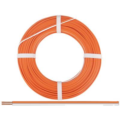 Oranžový kabel je svinutý. Níže je k dispozici detailní pohled, který ukazuje měděné jádro vodiče.