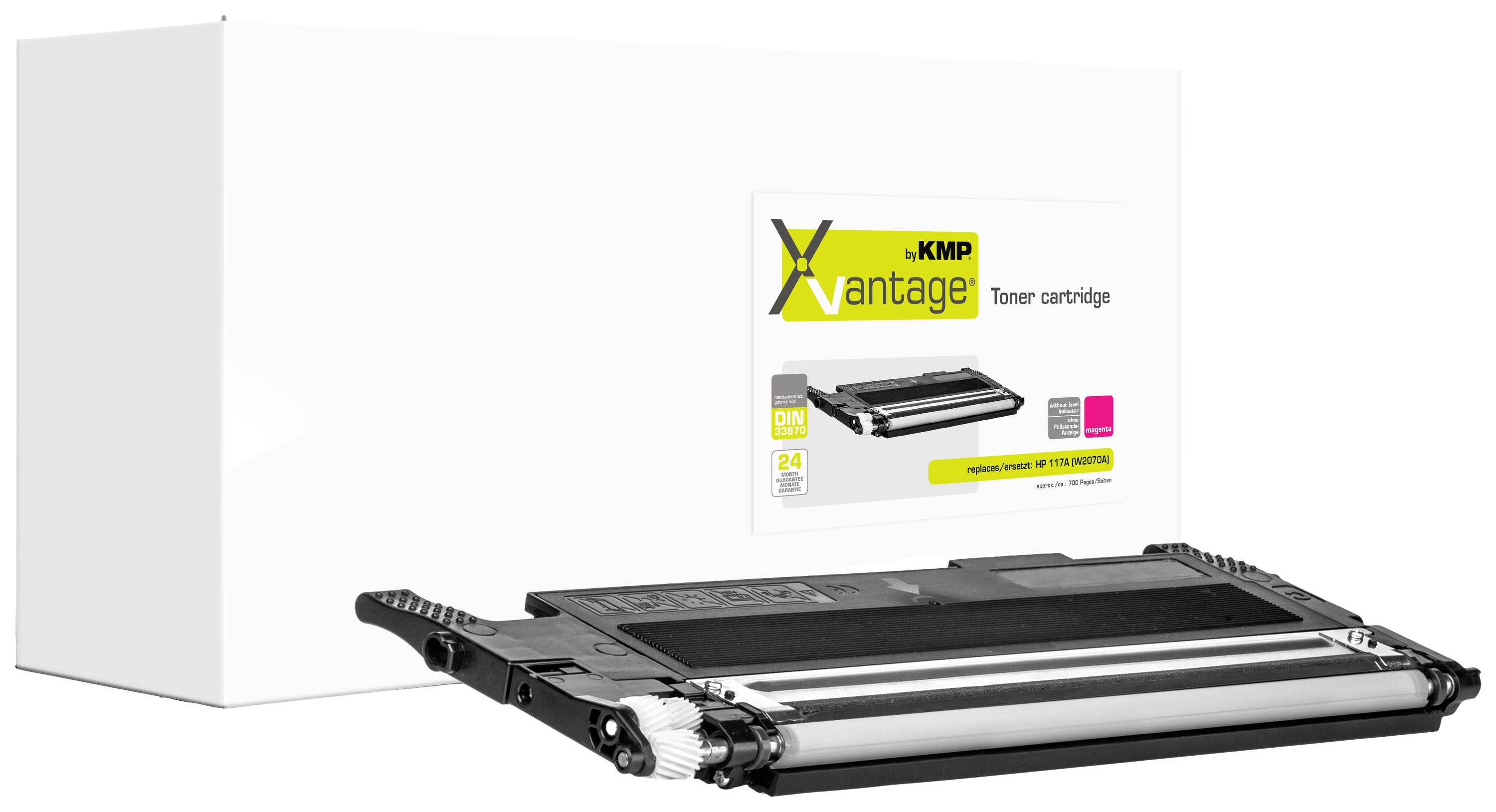 Toner pro laserovou tiskárnu. Štítek zobrazuje značku 'KMP' a barevný kód. Zabaleno v bílé krabičce s vyobrazením produktu.