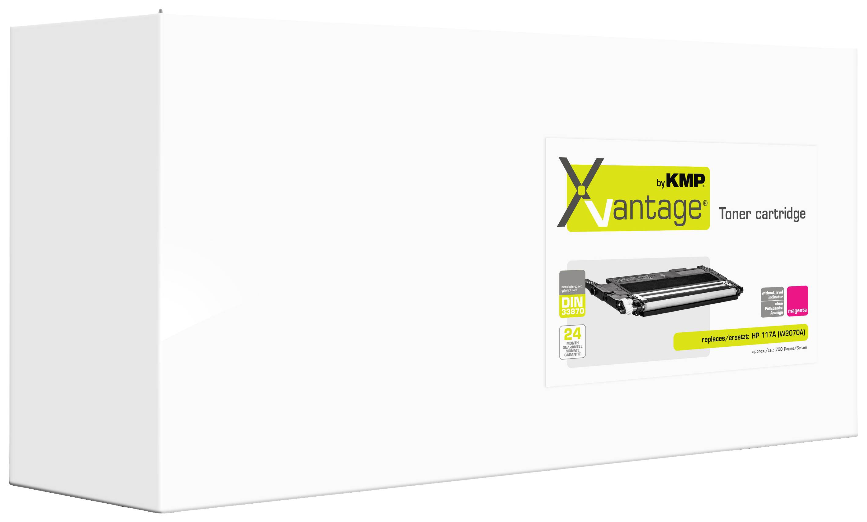 Bílý obal s etiketou pro tonerovou kazetu KMP Vantage. Etiketa zobrazuje obrázek tonerové kazety a specifikace produktu.