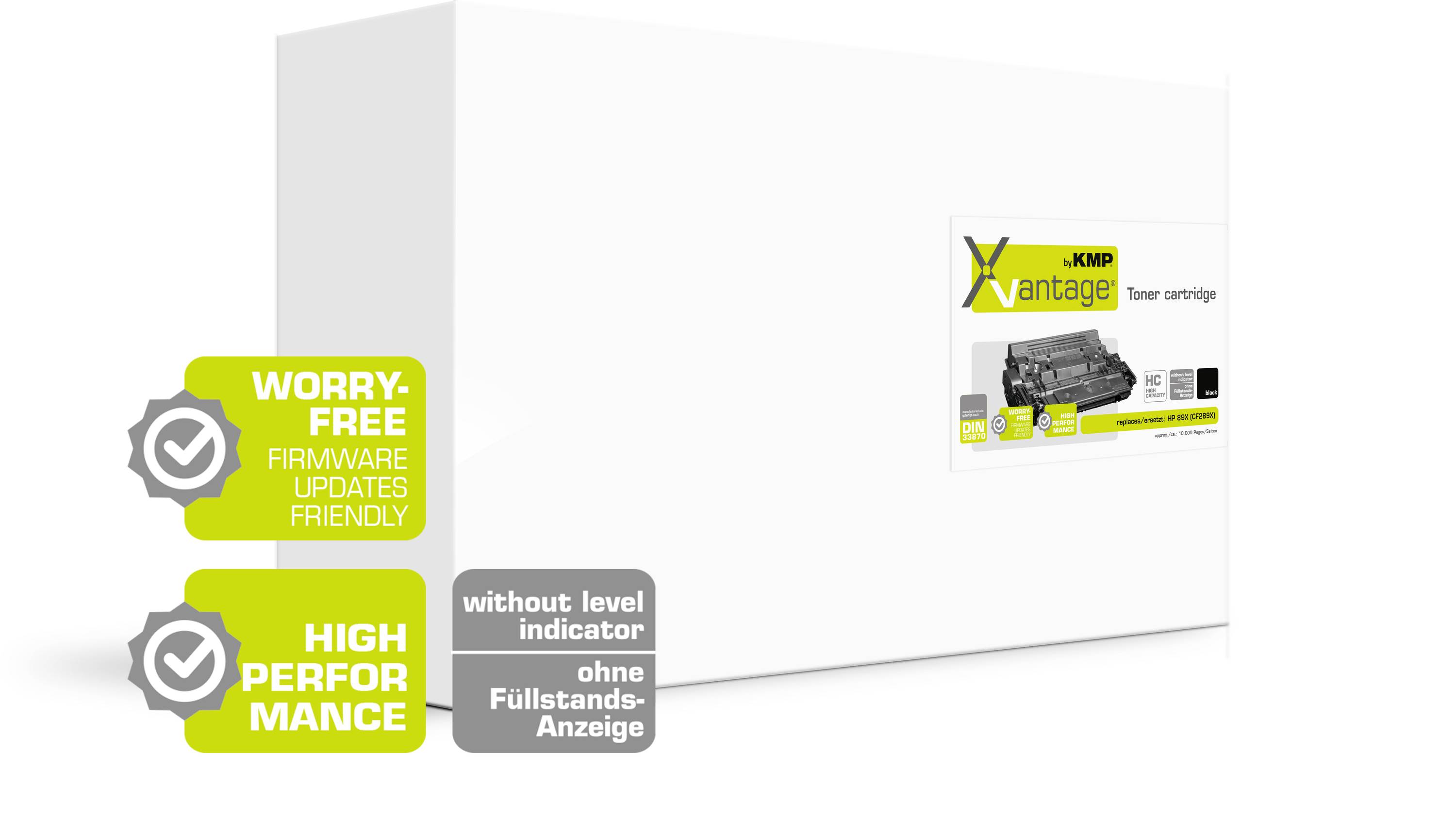 Bílý obal tonerové kazety s etiketou 'Xvantage'. Vedle text 'Worry-Free, High Performance'. Bez indikátoru stavu náplně.