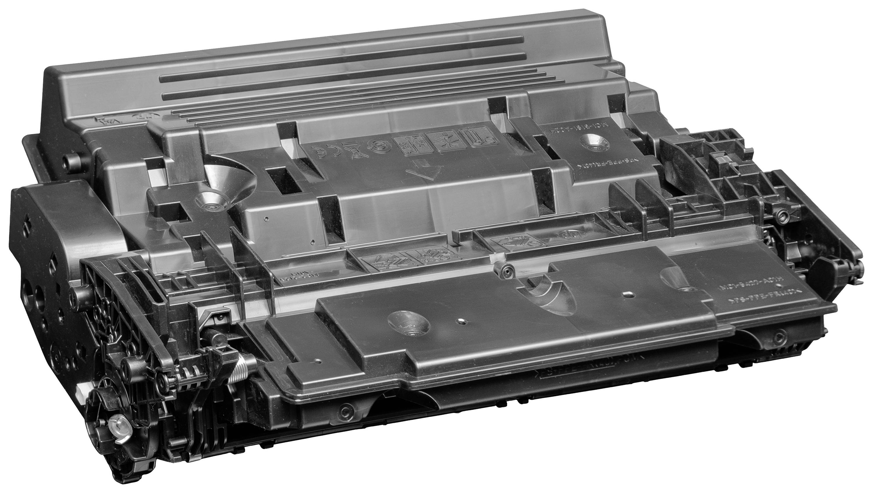 Tiskový toner v šedé barvě, kompatibilní s určitými modely laserových tiskáren, s viditelnými detailními strukturami a přípojkami.