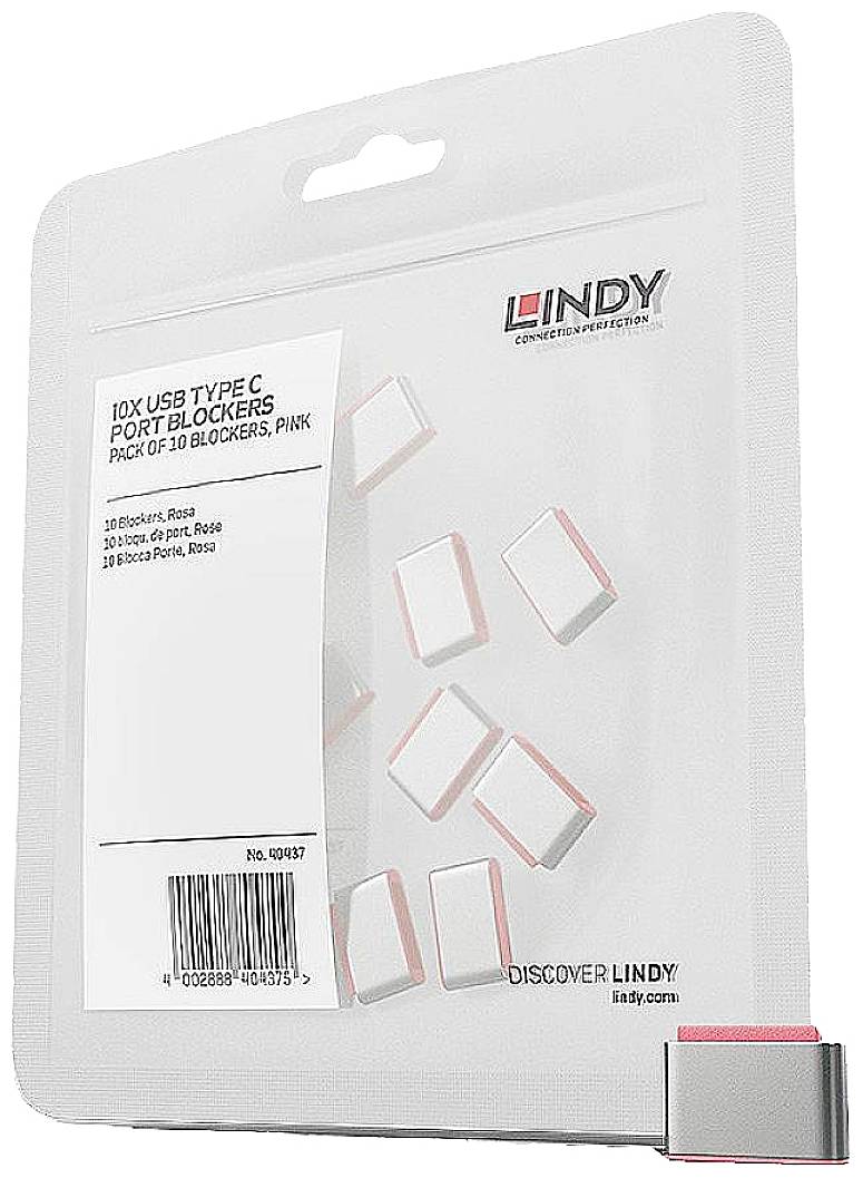 Balení USB Type C Port Blockerů od společnosti Lindy. Obsahuje 10 růžových záslepek pro ochranu nepoužívaných USB-C portů před prachem a nečistotami.
