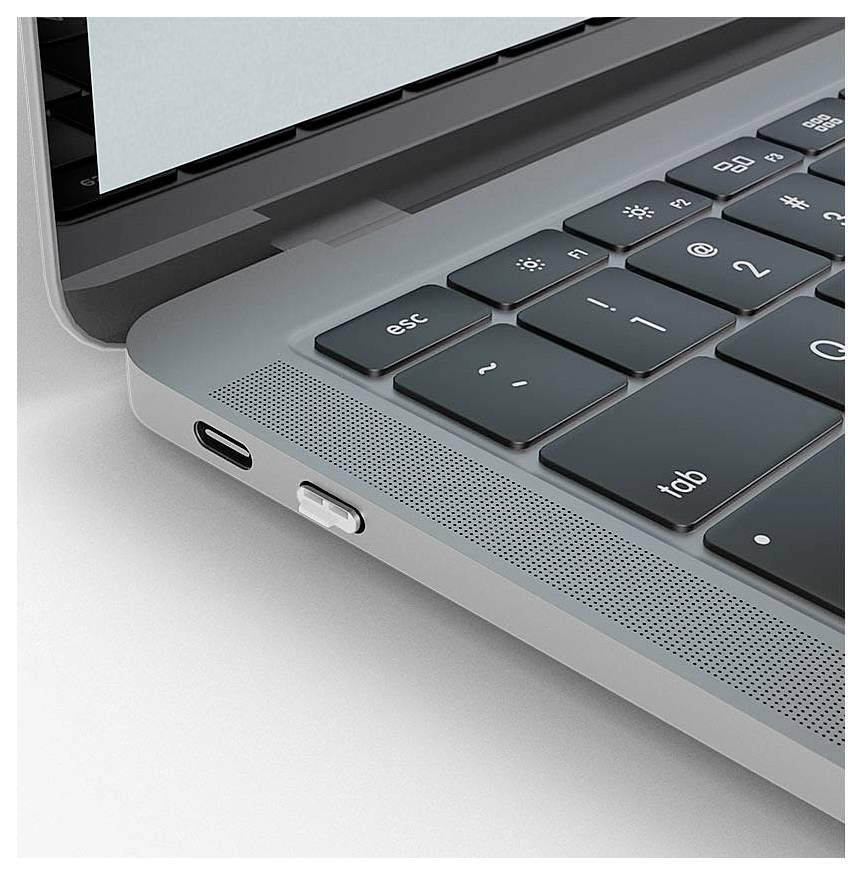 Detailní pohled na klávesnici notebooku a levý okraj, zobrazující port USB-C, mřížku reproduktoru a černé klávesy na šedé skříni.