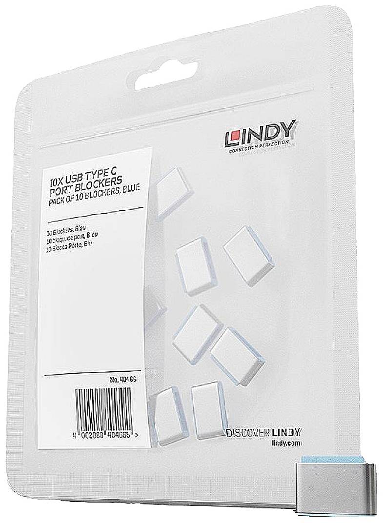Balení obsahuje 10 blokátorů USB Typ-C portů v modré barvě od značky Lindy. Na přední straně jsou zobrazeny obrázky produktu a údaje výrobce.