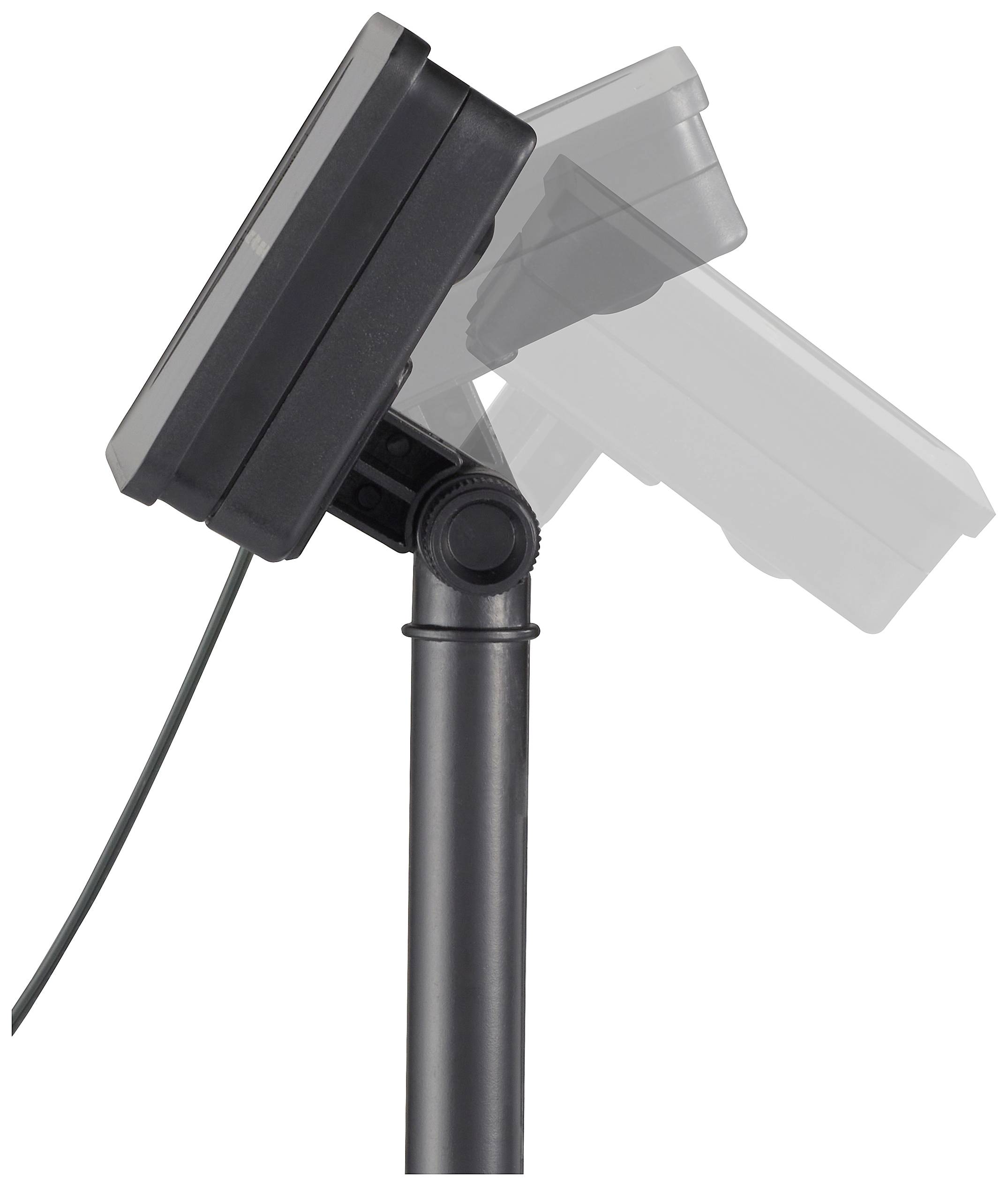 Černá nastavitelná lampa s kabelem na stojanu, zobrazená ve dvou různých úhlech náklonu.