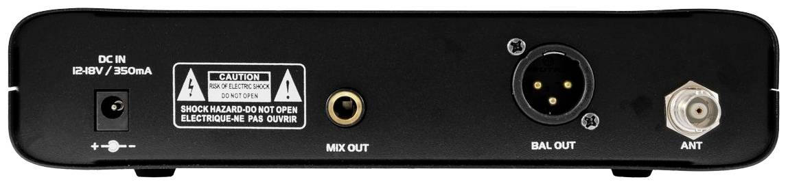 Zadní strana audiozařízení se síťovou přípojkou, výstupem pro mix, symetrickým výstupem a anténním vstupem. Výstraha před elektrickým šokem.