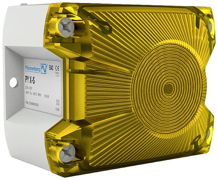Žluté elektronické zařízení s vlnitým vzorem na přední straně. Štítek zobrazuje: 'PY X-S', napětí 230 V a další specifikace.