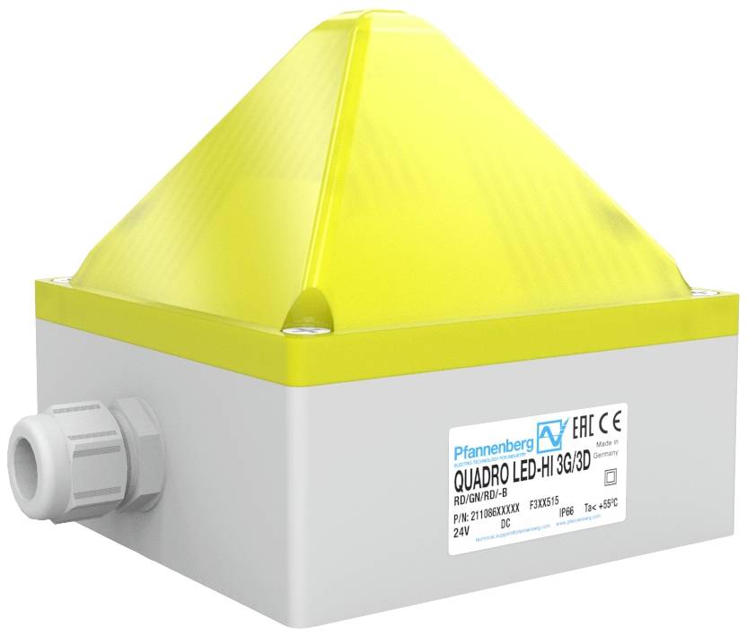 Žluté LED signální světlo ve tvaru pyramidy, namontované na šedém krytu, s etiketou společnosti Pfannenberg na přední straně.