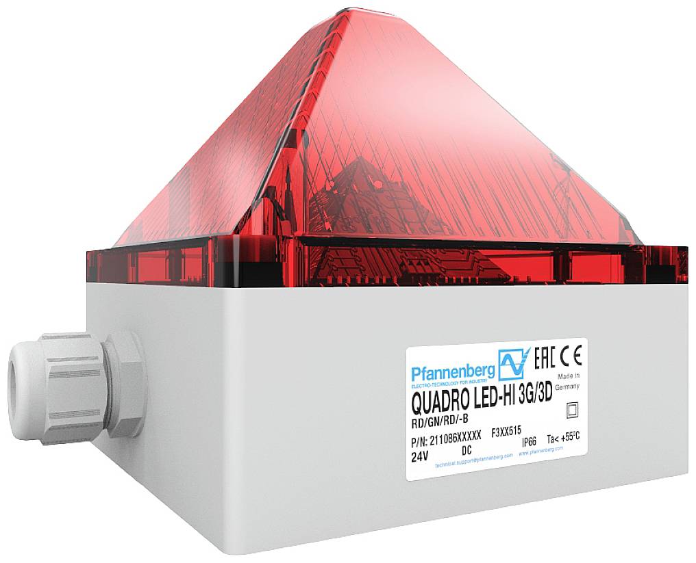 Červené výstražné světlo ve tvaru pyramidy od společnosti Pfannenberg s technickým označením 'QUADRO LED-HI 3G/3D', namontované na šedém krytu.