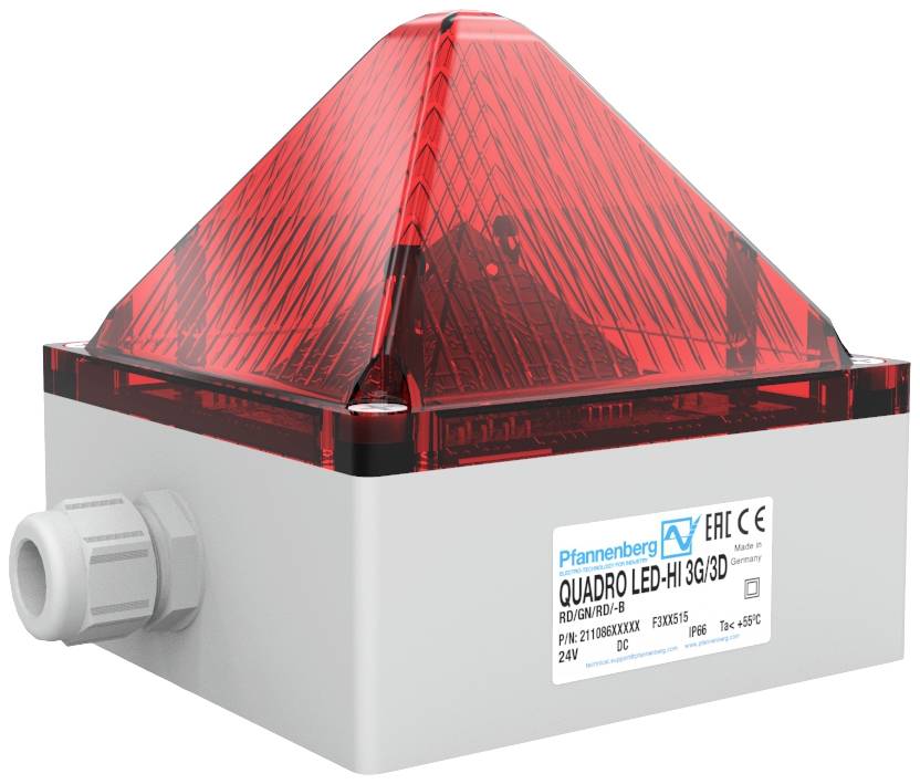 Červené pyramidové LED výstražné světlo s nápisem 'Quadro LED-Hi 3G/3D' na přední straně, namontované na šedém pouzdře.