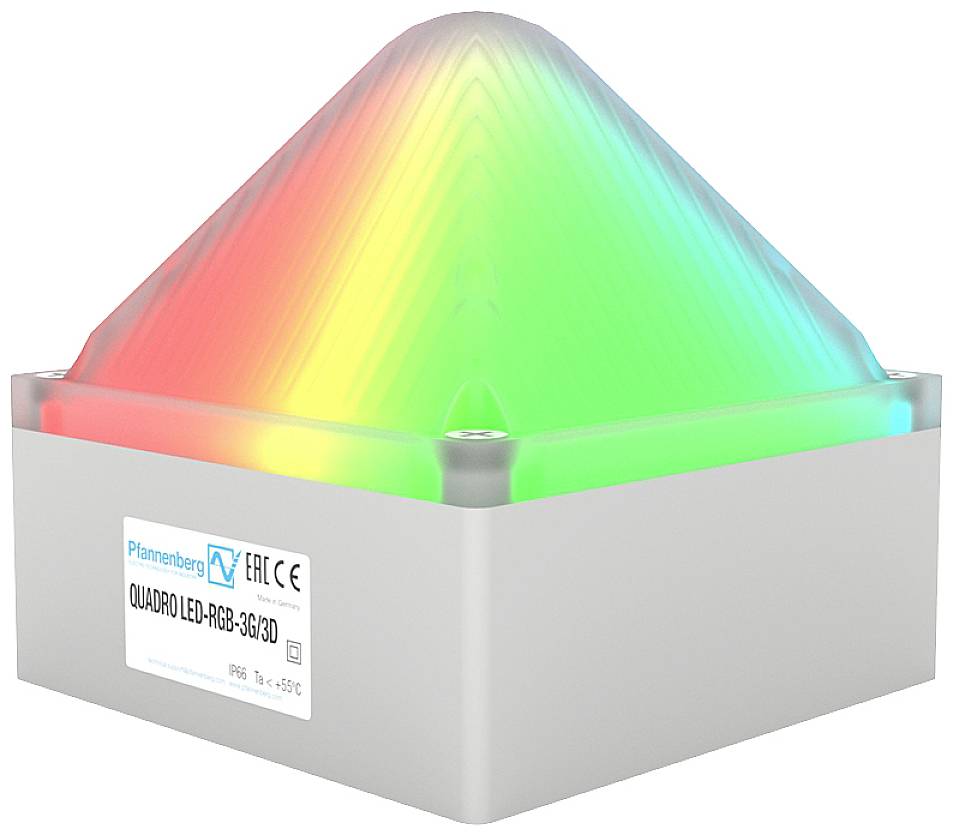 Pyramidové LED světlo s barevným přechodem z červené do zelené, umístěné na bílém čtvercovém podstavci.
