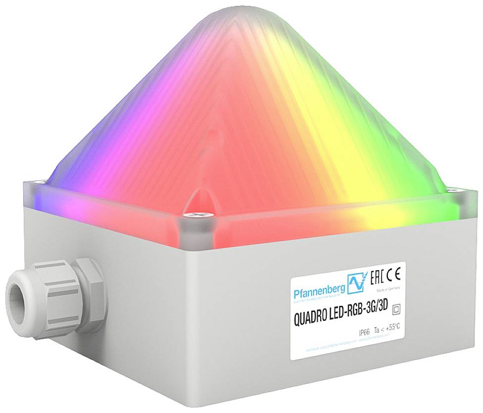 LED svítidlo s pyramidovým pouzdrem svítí v barvách duhy. Na přední straně jsou viditelné certifikační značky CE a EAC.
